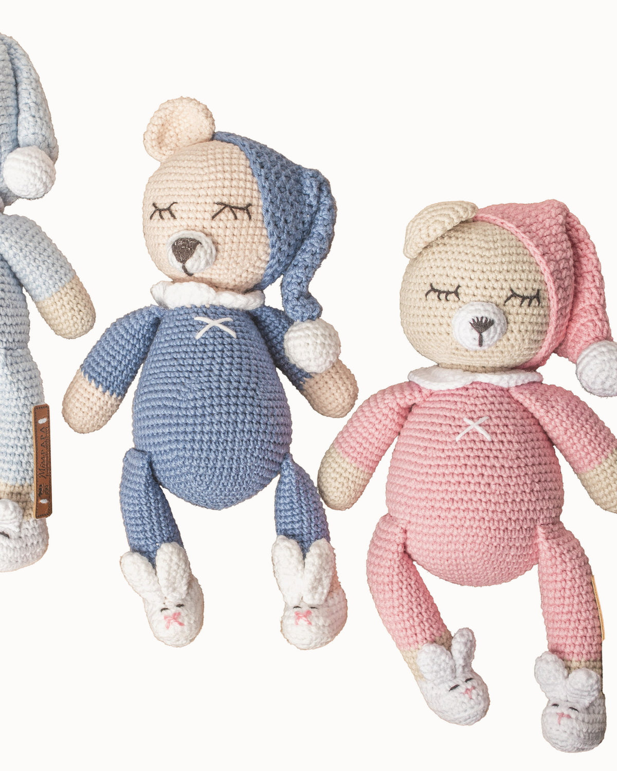 Sleepy Teddy Bear – blue amigurumi toy, group shot