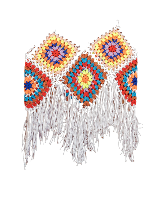 Aphro's V-Tassels Crochet Top – multicolour crochet top, studio shot