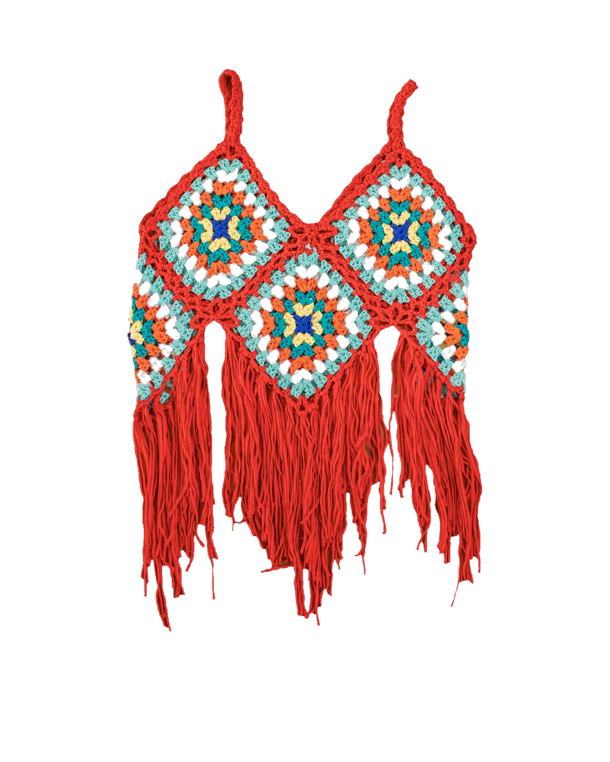 Aphro's V-Tassels Crochet Top – red crochet top, studio shot