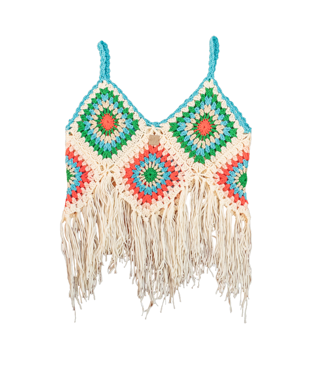 Aphro's V-Tassels Crochet Top – multicolour crochet top, studio shot
