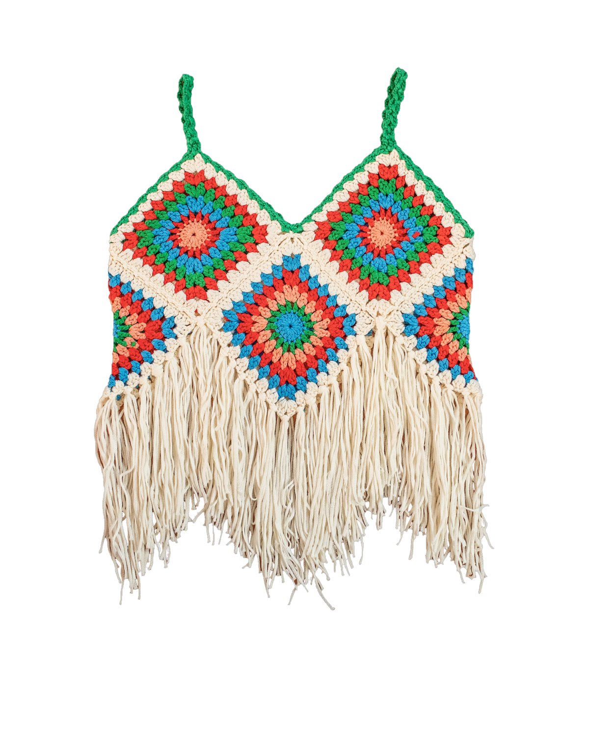 Aphro's V-Tassels Crochet Top – multicolour crochet top, studio shot