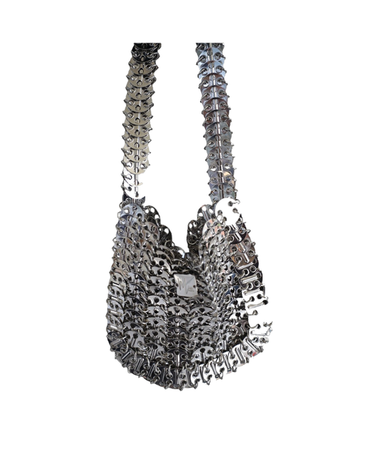 Eris – polished steel hobo bag, studio shot