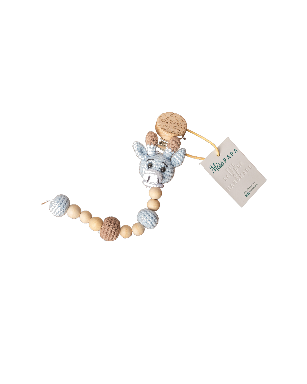 Giraffe Pacifier Clip – blue pacifier clip, studio shot