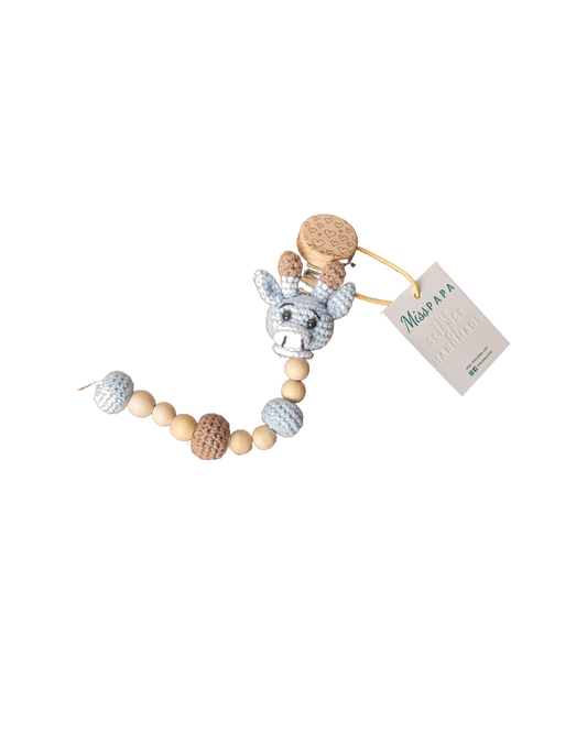Giraffe Pacifier Clip – blue pacifier clip, studio shot