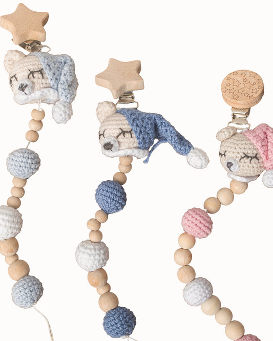 Sleeping Teddy Bear Pacifier Clip – blue pacifier clip, group shot