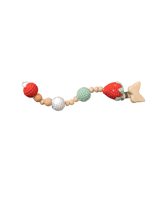 Strawberry Pacifier Clip – strawberry print pacifier clip, studio shot