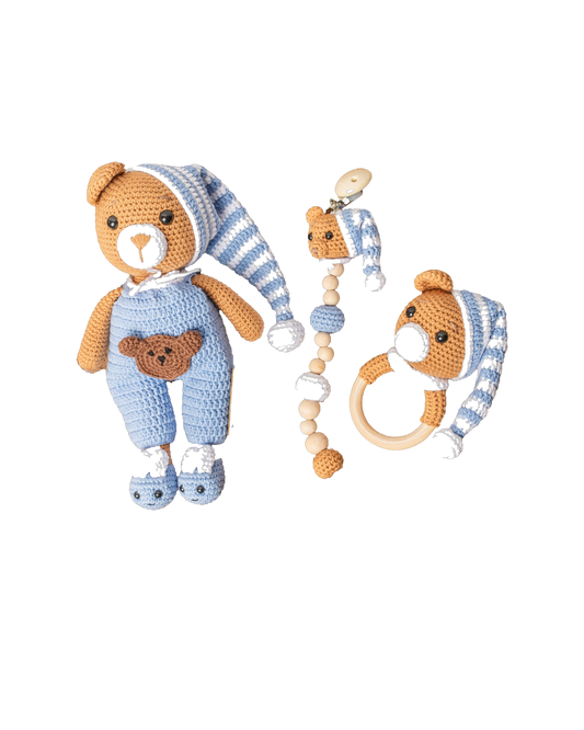 Teddy Bear Baby Set – blue baby set, studio shot