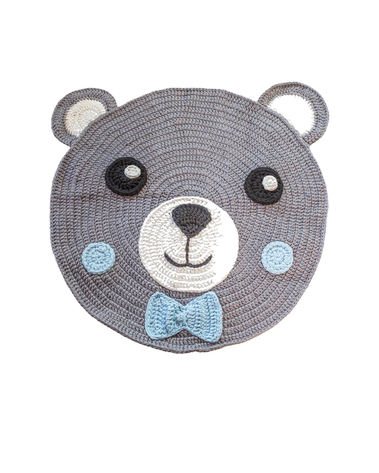 Teddy Bear with Bowtie Baby Rug – grey baby rug, studio shot